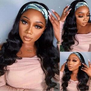 Stylish Black Wavy Hair Wig with Blue Headband
